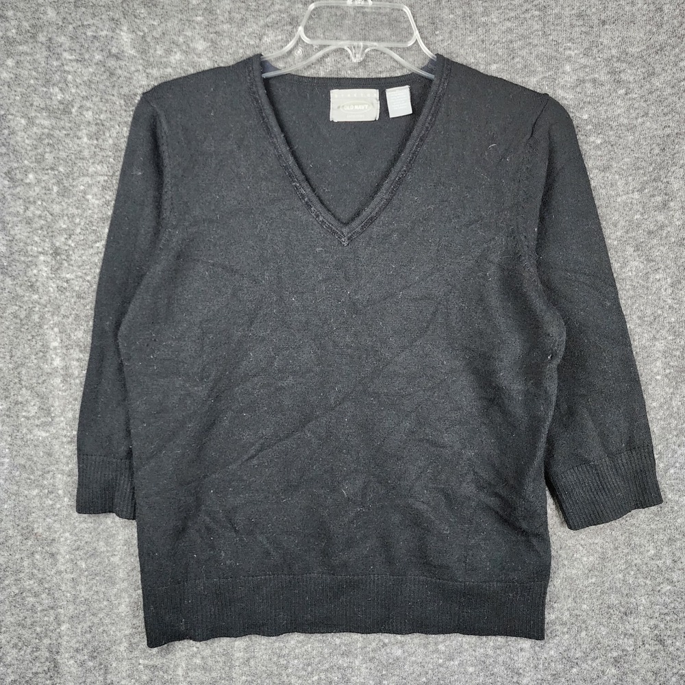 Old Navy V-Neck Sweater Women Medium Black 3/4 Sleeve Wool Blend Stretch Classic
